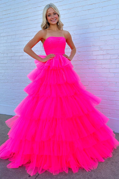 White/Purple/Black/Hot Pink Tulle Strapless Layered Long Prom Dresses, White/Purple/Black/Hot Pink Formal Evening Dresses, Ball Gown WT1190