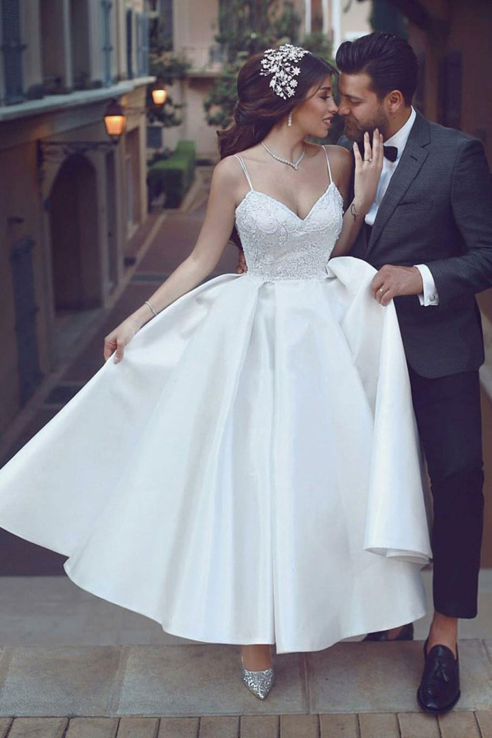 White Satin Lace V Neck Open Back Tea Length Prom Dresses, V Neck Whit Lwt Dress White Satin Lace V Neck Open Back Tea Length Prom Dresses, V Neck Whit Lwt Dress