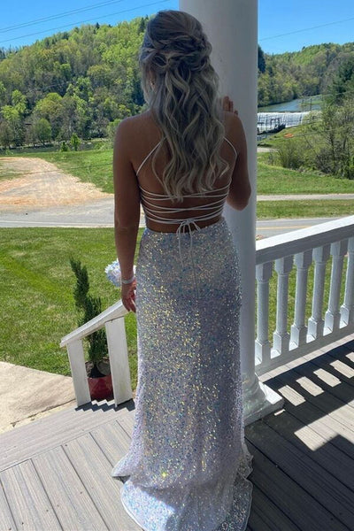 White Sequins Long Prom Dresses Backless Mermaid Ivory Formal Graduation Evening Dresses with High Slit