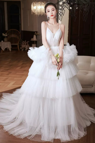 White Tulle Gorgeous V Neck Layered Long Prom Dresses, High Low White Formal Evening Dresses, Ball Gown WT1077
