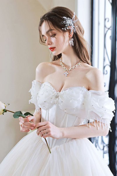 White Tulle Off the Shoulder Beaded Long Prom Dresses, Off Shoulder White Formal Evening Dresses, White Ball Gown WT1151