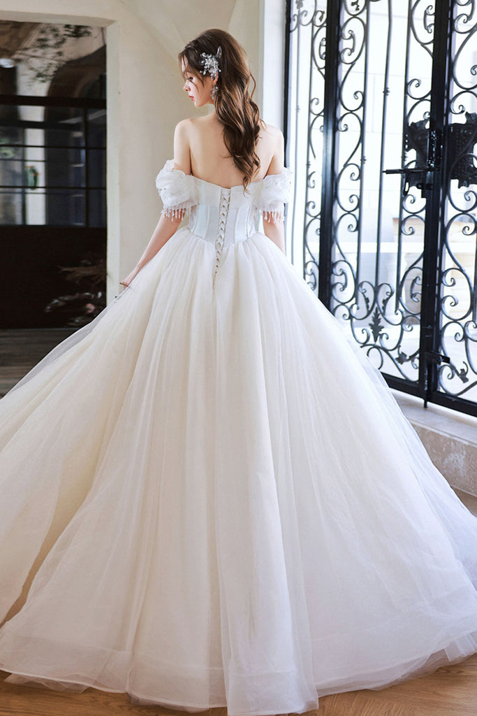 White Tulle Off the Shoulder Beaded Long Prom Dresses, Off Shoulder Wh – Lwt Dress White Tulle Off the Shoulder Beaded Long Prom Dresses, Off Shoulder Wh – Lwt Dress