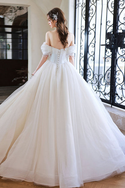 White Tulle Off the Shoulder Beaded Long Prom Dresses, Off Shoulder White Formal Evening Dresses, White Ball Gown WT1151