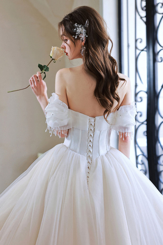 White Tulle Off the Shoulder Beaded Long Prom Dresses, Off Shoulder Wh – Lwt Dress