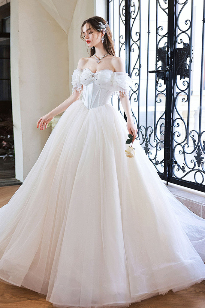 White Tulle Off the Shoulder Beaded Long Prom Dresses, Off Shoulder Wh Lwt Dress White Tulle Off the Shoulder Beaded Long Prom Dresses, Off Shoulder Wh Lwt Dress