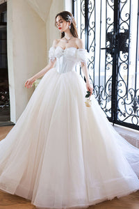 White Tulle Off the Shoulder Beaded Long Prom Dresses, Off Shoulder White Formal Evening Dresses, White Ball Gown WT1151