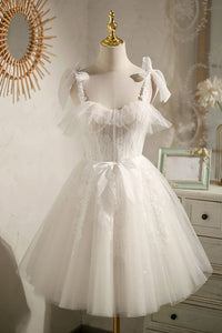 White Tulle Open Back Short Lace Prom Dresses, White Lace Homecoming Dresses, White Formal Evening Dresses WT1044