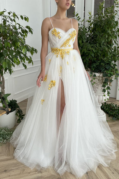 White Tulle Sweetheart Neck High Slit Long Prom Dresses with Golden Flowers, High Slit White Formal Dresses, Golden Floral White Evening Dresses