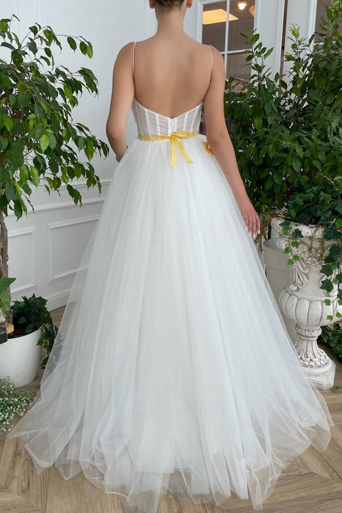White Tulle Sweetheart Neck High Slit Long Prom Dresses with Golden Fl Lwt Dress White Tulle Sweetheart Neck High Slit Long Prom Dresses with Golden Fl Lwt Dress