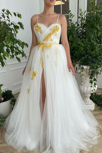 White Tulle Sweetheart Neck High Slit Long Prom Dresses with Golden Flowers, High Slit White Formal Dresses, Golden Floral White Evening Dresses