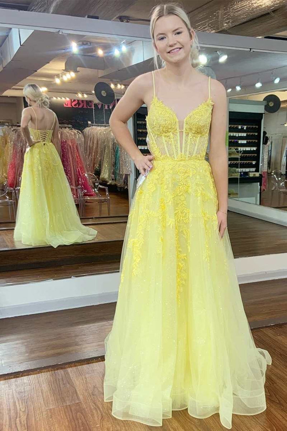 Yellow Lace A Line V Neck Open Back Long Prom Dresses, Yellow Lace Formal Graduation Evening Dresses WT1100