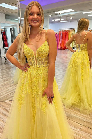 Yellow Lace V Neck Open Back Long Prom Dresses, Yellow Lace Formal Dresses, Yellow Evening Dresses WT1105