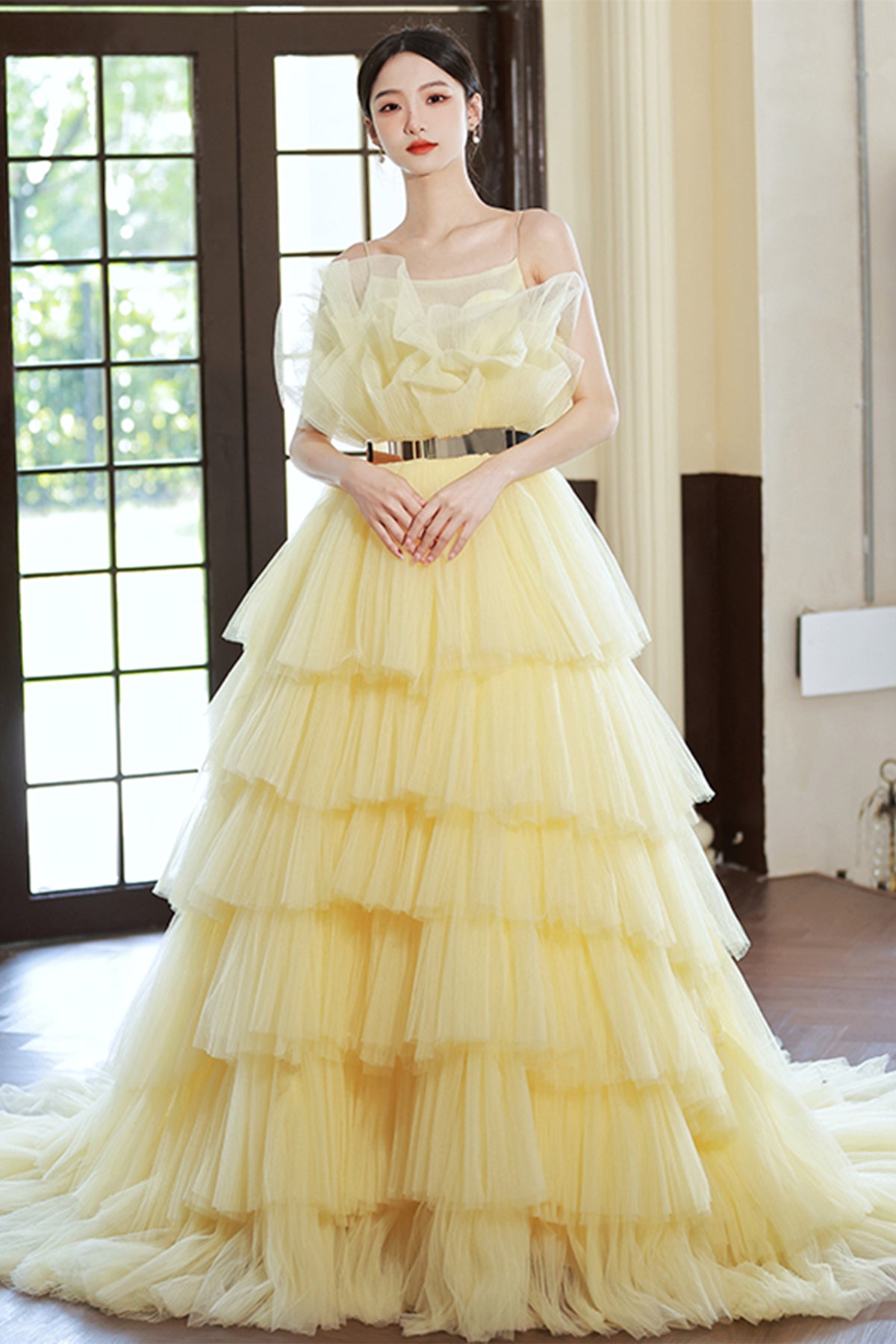 yellow layered prom dress ZAPAKA Women Yellow Long Prom Dress A-Line Halter Pleated Tulle Tiered Party Dress With Embroidery, Yellow / US14