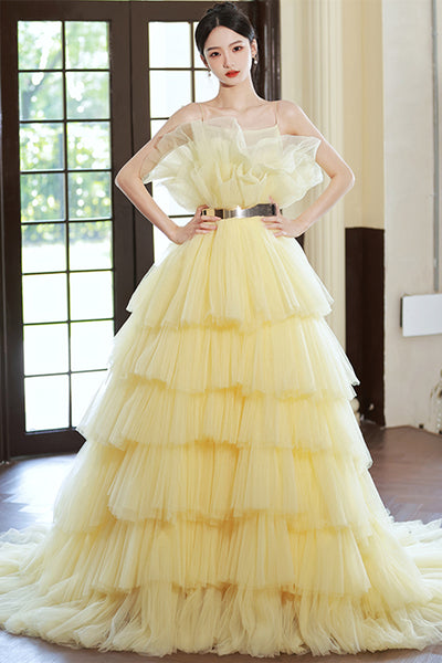 Yellow Layered Tulle Long Prom Dresses with Belt, Yellow Formal Evening Dresses, Ball Gown WT1079
