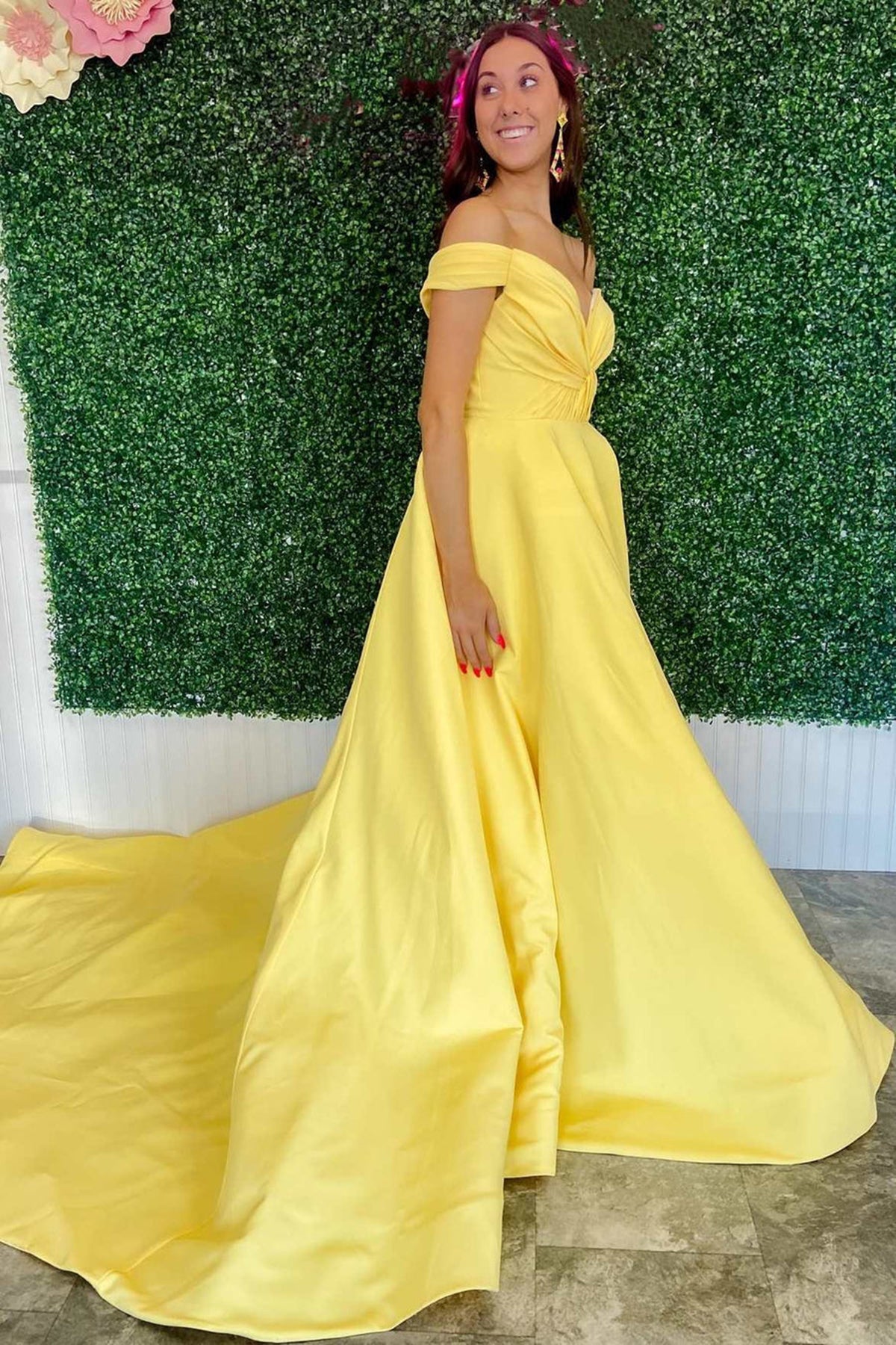 Yellow Satin Off the Shoulder Long Prom Dresses, Off Shoulder Yellow Formal Dresses, Yellow Evening Dresses WT1112