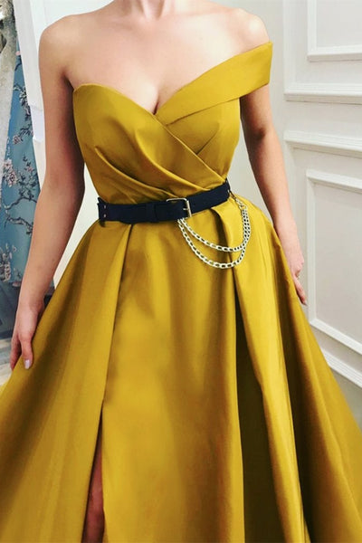 Yellow Satin One Shoulder Long Prom Dresses with High Slit, One Shoulder Yellow Formal Graduation Evening Dresses