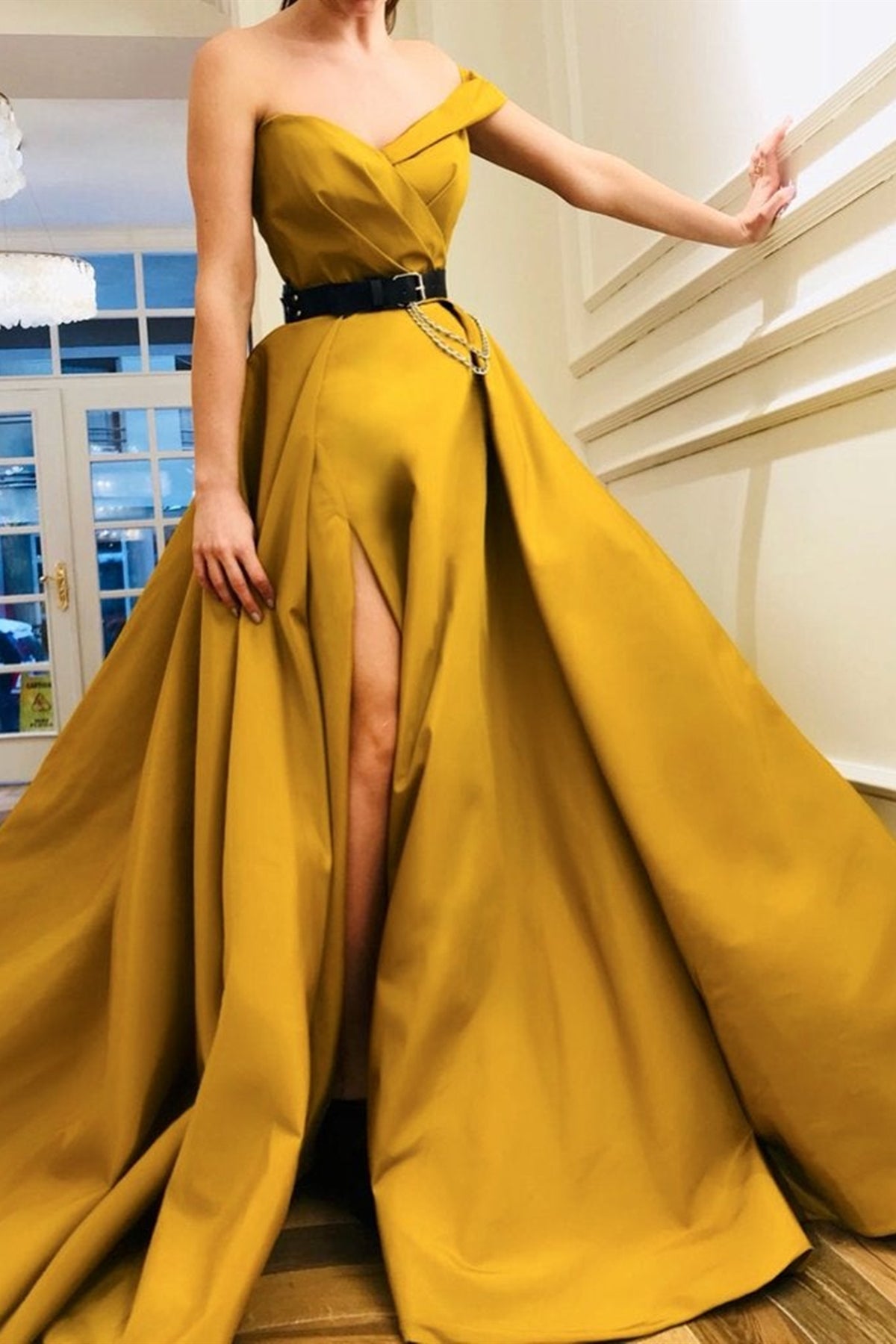 Yellow Satin One Shoulder Long Prom Dresses with High Slit, One Should Lwt Dress Yellow Satin One Shoulder Long Prom Dresses with High Slit, One Should Lwt Dress