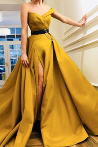 Yellow Satin One Shoulder Long Prom Dresses with High Slit, One Shoulder Yellow Formal Graduation Evening Dresses