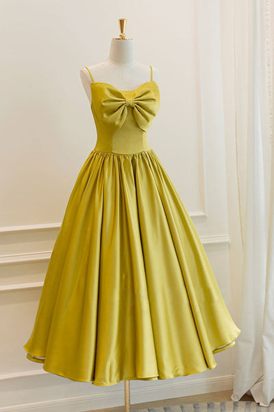 Yellow Satin Open Back Short Prom Homecoming Dresses, Open Back Yellow Formal Graduation Evening Dresses