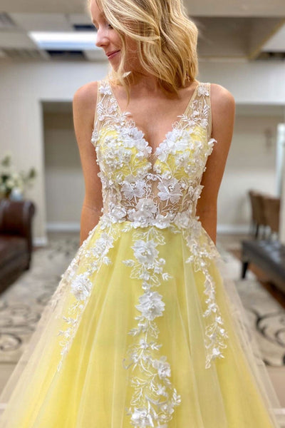 Yellow Tulle A Line V Neck Lace Long Prom Dresses, Yellow Lace Formal Dresses, Yellow Evening Dresses with Appliques