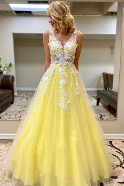 Yellow Tulle A Line V Neck Lace Long Prom Dresses, Yellow Lace Formal Dresses, Yellow Evening Dresses with Appliques