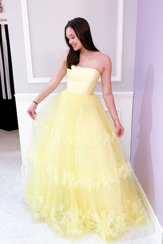 Yellow Tulle Floral Long Prom Dresses, Long Yellow Formal Dresses with 3D Flowers, Yellow Evening Dresses