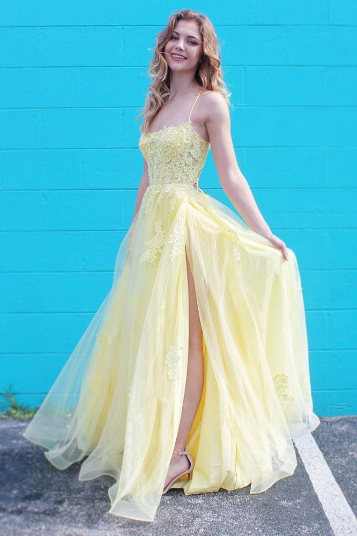 Yellow Tulle Lace Long Prom Dresses with High Slit, Yellow Lace Formal Dresses, Yellow Evening Dresses
