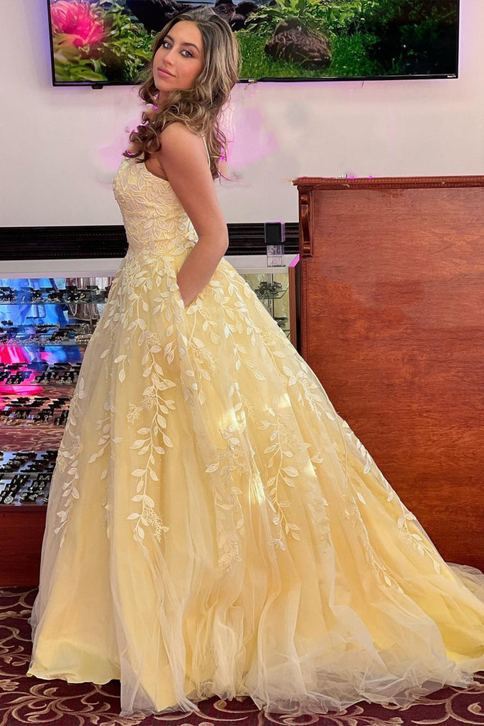 Yellow Tulle Open Back Lace Long Prom Dresses, Yellow Lace Formal Dres Lwt Dress Yellow Tulle Open Back Lace Long Prom Dresses, Yellow Lace Formal Dres Lwt Dress