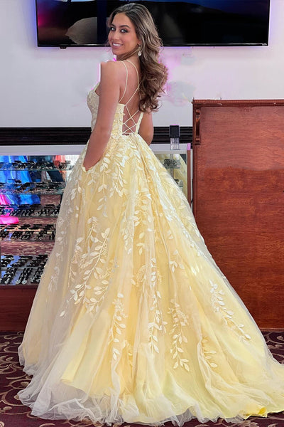 Yellow Tulle Open Back Lace Long Prom Dresses, Yellow Lace Formal Dresses, Yellow Evening Dresses WT1153