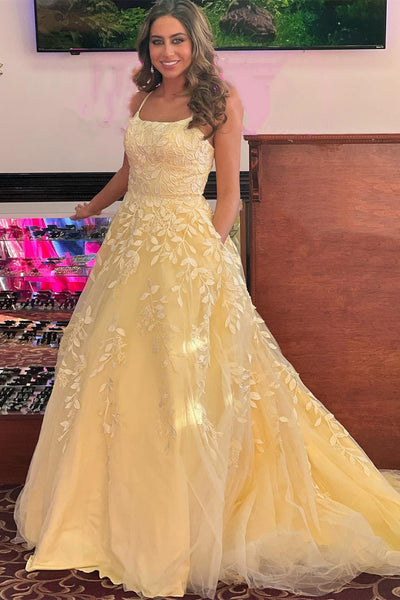 Yellow Tulle Open Back Lace Long Prom Dresses, Yellow Lace Formal Dresses, Yellow Evening Dresses WT1153