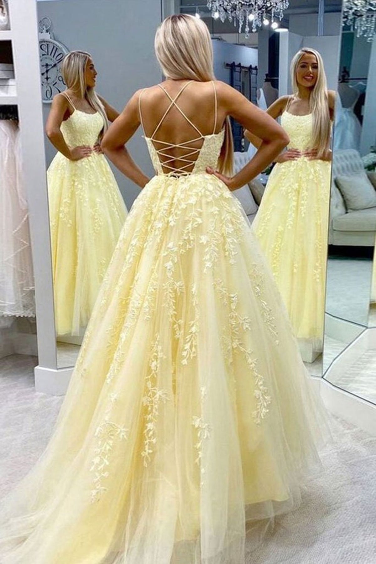 Yellow Tulle Open Back Lace Long Prom Dresses with Train, Yellow Lace Formal Evening Dresses