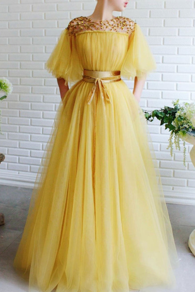 Yellow Tulle Round Neck Beaded Long Prom Dresses, Yellow Tulle Formal Lwt Dress Yellow Tulle Round Neck Beaded Long Prom Dresses, Yellow Tulle Formal Lwt Dress