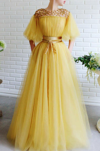 Yellow Tulle Round Neck Beaded Long Prom Dresses, Yellow Tulle Formal Graduation Evening Dresses