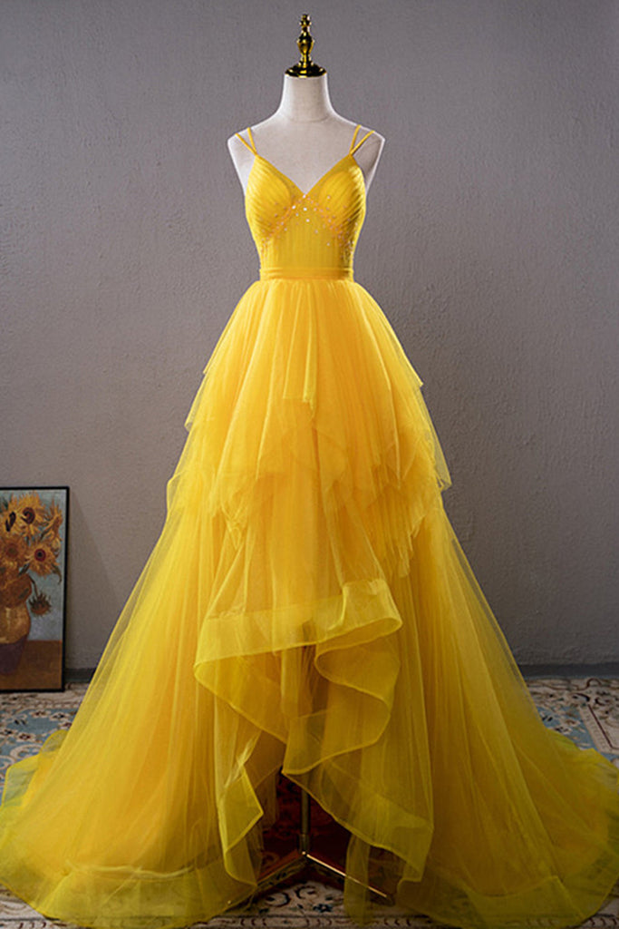 Yellow Tulle V Neck Beaded High Low Long Prom Dresses, High Low Yellow Lwt Dress Yellow Tulle V Neck Beaded High Low Long Prom Dresses, High Low Yellow Lwt Dress