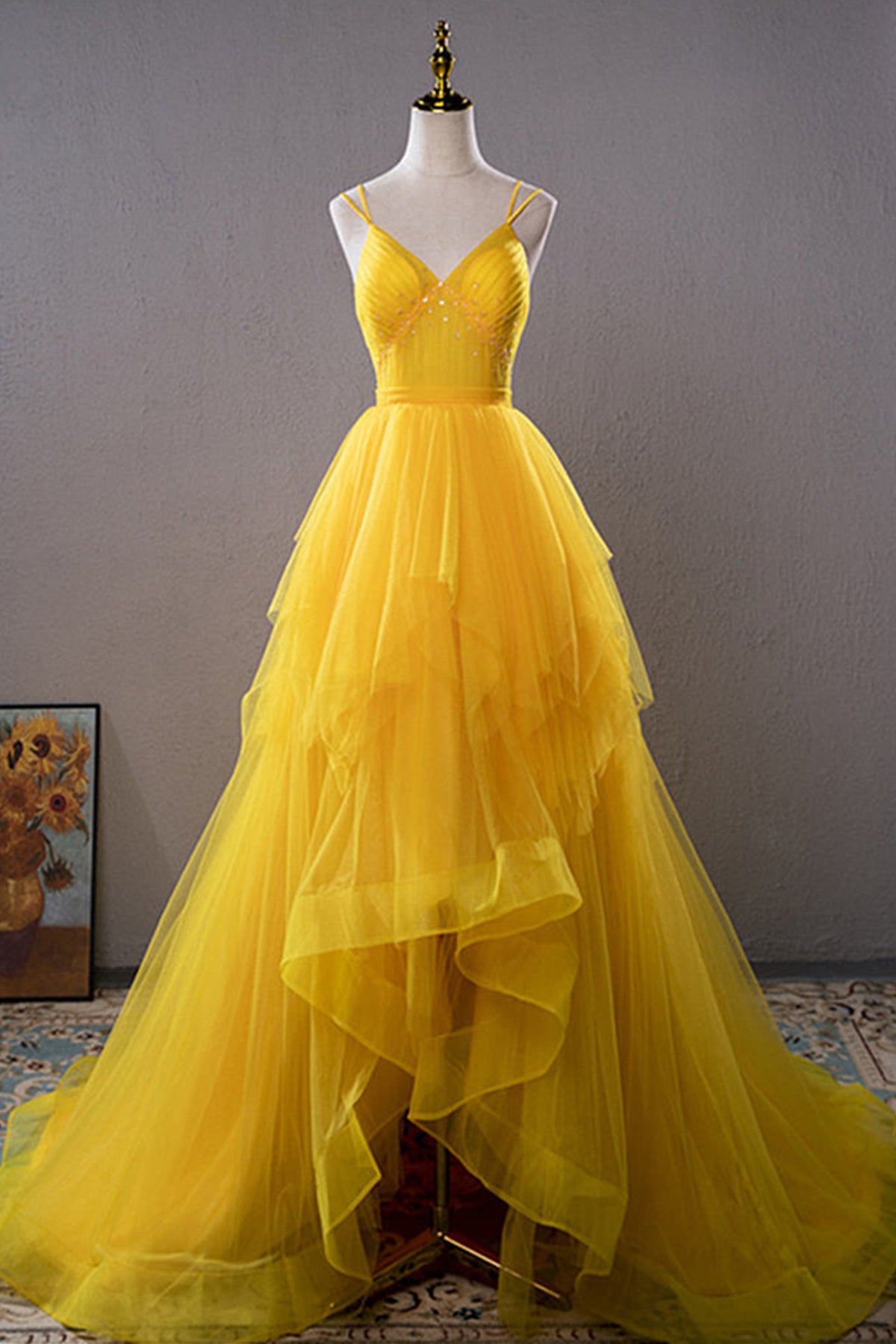 Yellow Tulle V Neck Beaded High Low Long Prom Dresses, High Low Yellow Lwt Dress Yellow Tulle V Neck Beaded High Low Long Prom Dresses, High Low Yellow Lwt Dress